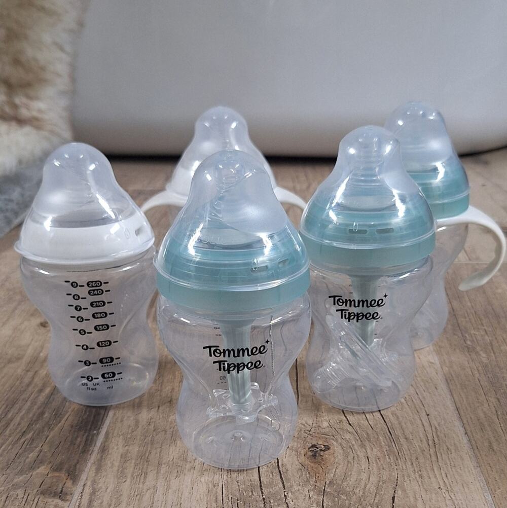 Tommy Tippee 5 Clear and Aqua Baby Bottles